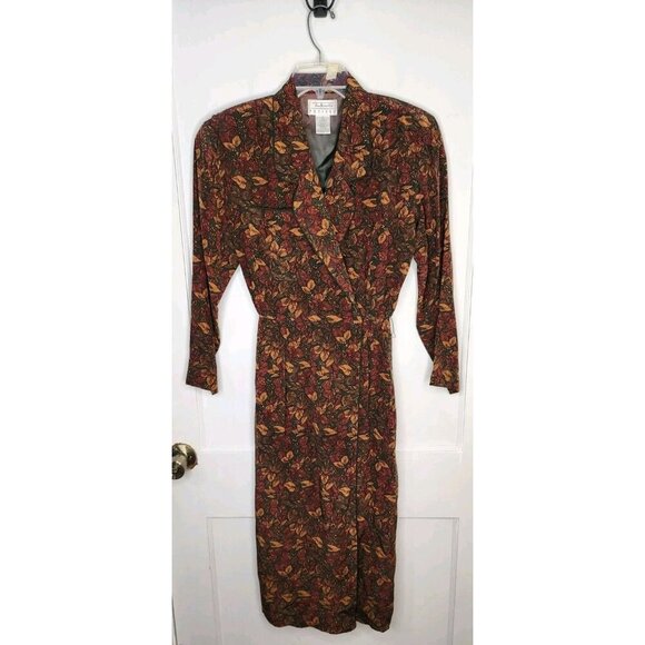 Vtg Talbots Petites Sz 8 100% Silk Cottage Witchy Faux Wrap Dress Fall Floral - Picture 1 of 7